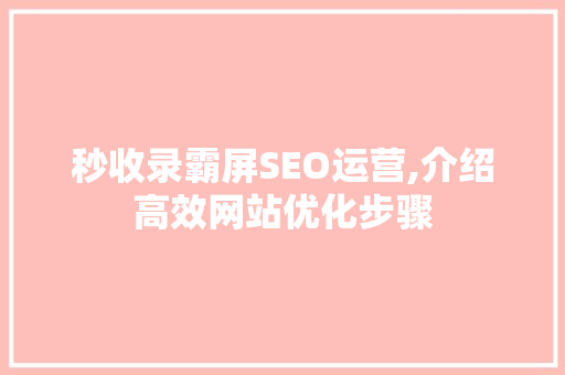 秒收录霸屏SEO运营,介绍高效网站优化步骤