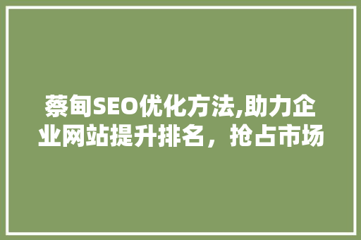 蔡甸SEO优化方法,助力企业网站提升排名，抢占市场先机