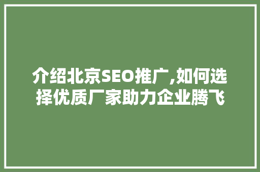 介绍北京SEO推广,如何选择优质厂家助力企业腾飞