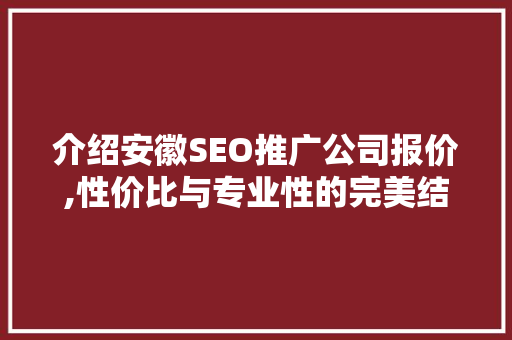介绍安徽SEO推广公司报价,性价比与专业性的完美结合
