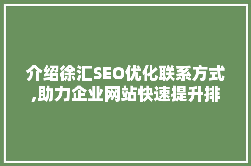 介绍徐汇SEO优化联系方式,助力企业网站快速提升排名
