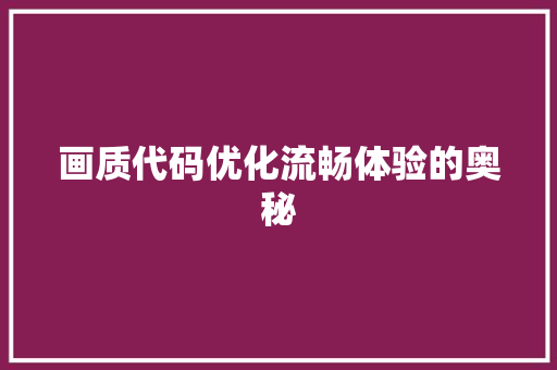 画质代码优化流畅体验的奥秘