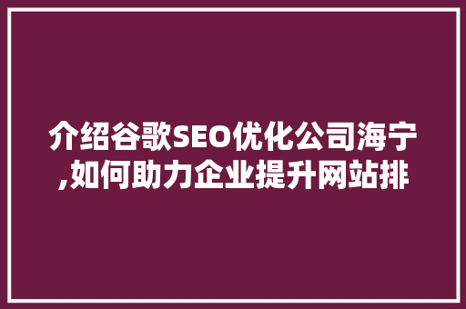 介绍谷歌SEO优化公司海宁,如何助力企业提升网站排名与流量