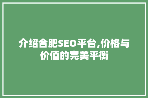 介绍合肥SEO平台,价格与价值的完美平衡