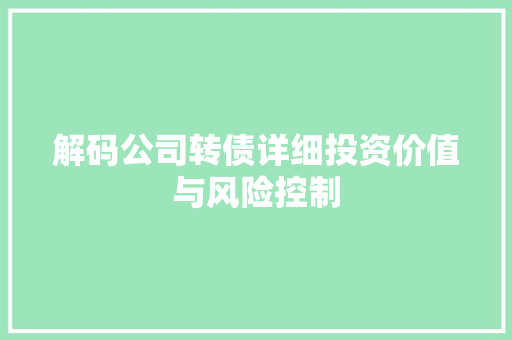 解码公司转债详细投资价值与风险控制