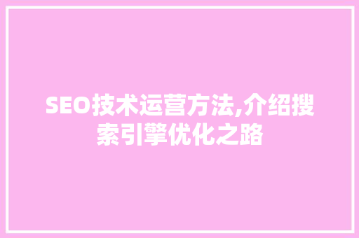 SEO技术运营方法,介绍搜索引擎优化之路