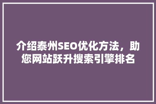 介绍泰州SEO优化方法，助您网站跃升搜索引擎排名