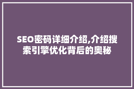 SEO密码详细介绍,介绍搜索引擎优化背后的奥秘