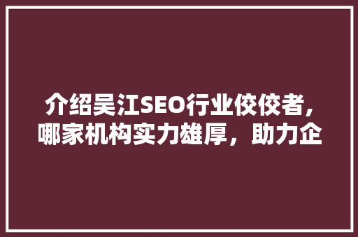 介绍吴江SEO行业佼佼者,哪家机构实力雄厚，助力企业腾飞