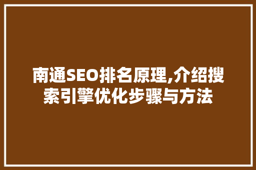 南通SEO排名原理,介绍搜索引擎优化步骤与方法