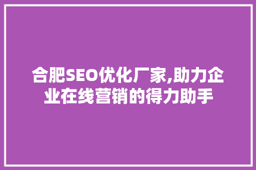 合肥SEO优化厂家,助力企业在线营销的得力助手