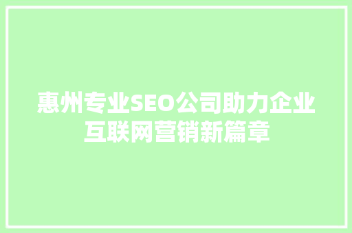 惠州专业SEO公司助力企业互联网营销新篇章