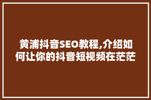 黄浦抖音SEO教程,介绍如何让你的抖音短视频在茫茫人海中脱颖而出