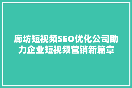 廊坊短视频SEO优化公司助力企业短视频营销新篇章