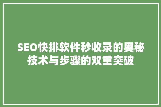 SEO快排软件秒收录的奥秘技术与步骤的双重突破