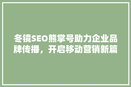 冬镜SEO熊掌号助力企业品牌传播，开启移动营销新篇章