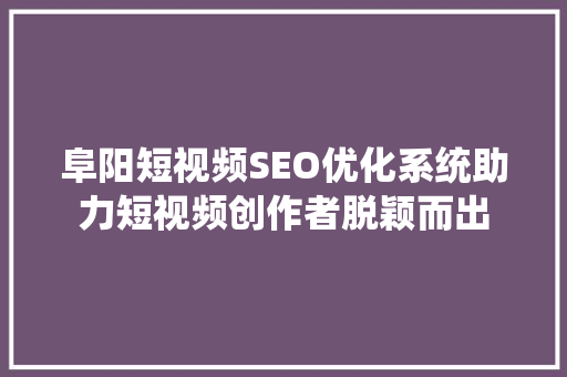 阜阳短视频SEO优化系统助力短视频创作者脱颖而出