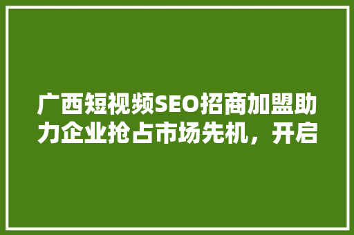 广西短视频SEO招商加盟助力企业抢占市场先机，开启财富之门