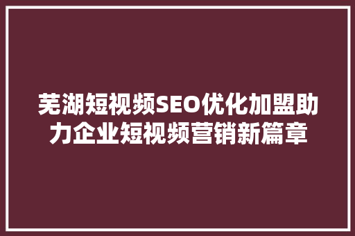 芜湖短视频SEO优化加盟助力企业短视频营销新篇章