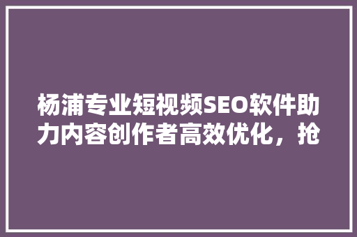 杨浦专业短视频SEO软件助力内容创作者高效优化，抢占流量高地