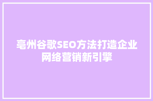 亳州谷歌SEO方法打造企业网络营销新引擎