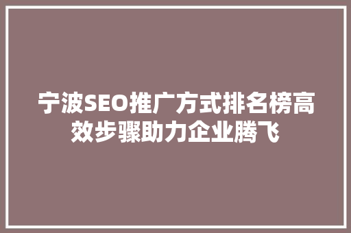 宁波SEO推广方式排名榜高效步骤助力企业腾飞