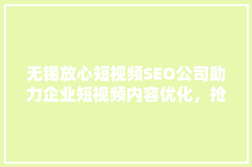 无锡放心短视频SEO公司助力企业短视频内容优化，抢占市场先机
