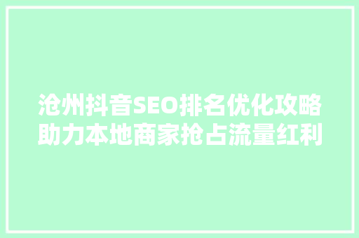 沧州抖音SEO排名优化攻略助力本地商家抢占流量红利