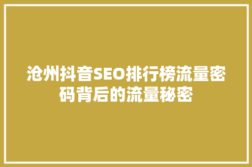 沧州抖音SEO排行榜流量密码背后的流量秘密