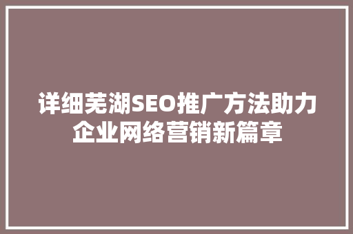 详细芜湖SEO推广方法助力企业网络营销新篇章  第1张