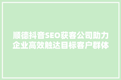 顺德抖音SEO获客公司助力企业高效触达目标客户群体