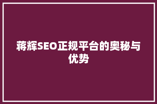 蒋辉SEO正规平台的奥秘与优势