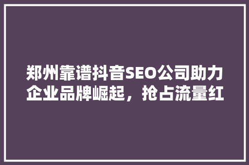郑州靠谱抖音SEO公司助力企业品牌崛起，抢占流量红利
