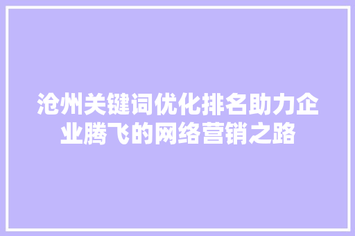 沧州关键词优化排名助力企业腾飞的网络营销之路
