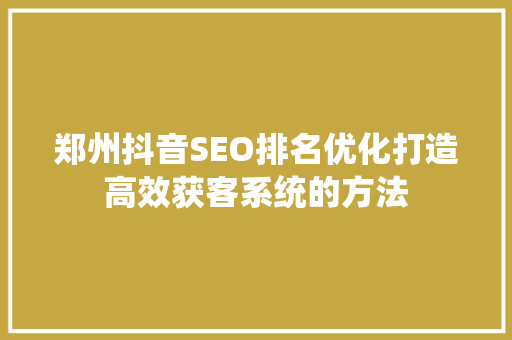 郑州抖音SEO排名优化打造高效获客系统的方法