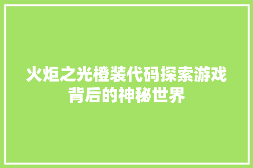 火炬之光橙装代码探索游戏背后的神秘世界